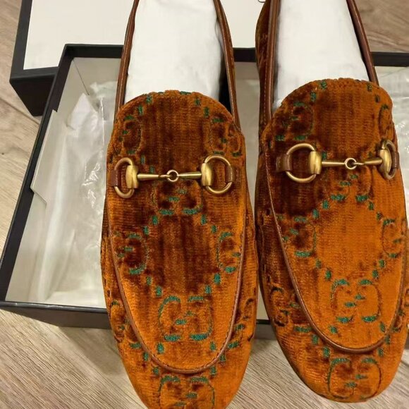 NIB Authentic Gucci Orange / Teal GG Embossed Velvet Jordaan Loafers - Picture 2 of 4